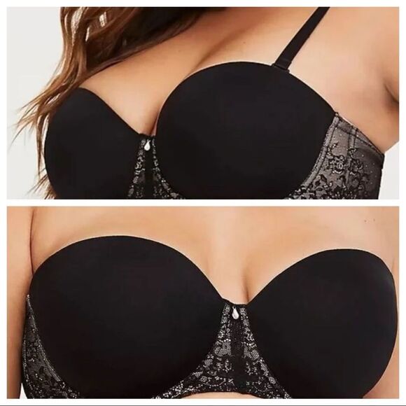 Torrid lace Balconette‎ Lined Underwired Strapless Option Bra Black 46D - Picture 1 of 16